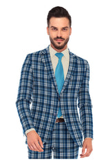 Veste de costume à deux boutons pour homme, gris foncé, bleu, imprimé à carreaux, revers crantés, coupe slim, blazer élégant en rayonne éponge