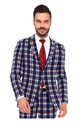 Veste de costume à deux boutons pour homme, violet foncé, imprimé à carreaux, revers crantés, coupe slim, blazer élégant en rayonne éponge