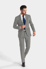 Veste de costume grise à deux boutons pour homme, imprimé à carreaux, revers crantés, coupe slim, blazer élégant en rayonne éponge