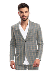 Veste de costume grise à deux boutons pour homme, imprimé à carreaux, revers crantés, coupe slim, blazer élégant en rayonne éponge