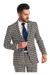 Veste de costume à deux boutons pour homme, gris carbone, imprimé à carreaux, revers crantés, coupe slim, blazer élégant en rayonne éponge