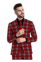 Veste de costume à deux boutons pour homme, rouge sang, imprimé à carreaux, revers crantés, coupe slim, blazer élégant en rayonne éponge
