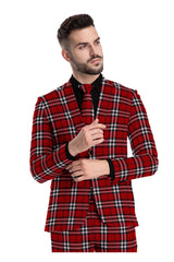 Veste de costume à deux boutons pour homme, rouge sang, imprimé à carreaux, revers crantés, coupe slim, blazer élégant en rayonne éponge
