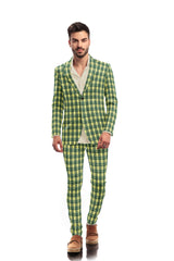 Veste de costume à deux boutons pour homme, vert clair, imprimé à carreaux, revers crantés, coupe slim, blazer élégant en rayonne éponge
