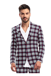 Veste de costume à deux boutons pour homme, coupe slim, en rayonne éponge, à revers crantés, à imprimé carreaux, noire et marron