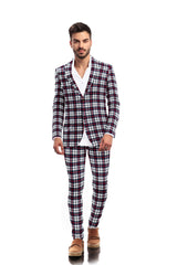 Veste de costume à deux boutons pour homme, coupe slim, en rayonne éponge, à revers crantés, à imprimé carreaux, noire et marron