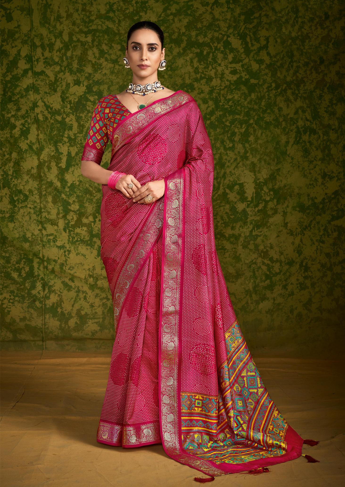 Rani Pink Rasian Silk Bandhani Printed Saree