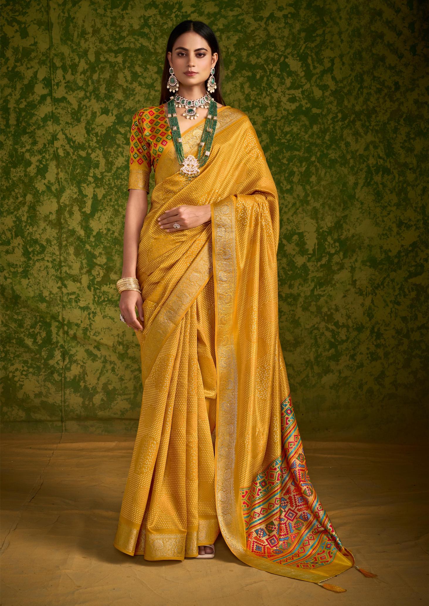 Yellow Rasian Silk Bandhani Printed Saree