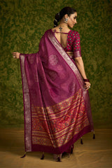 Wine Rasian Silk  Bandhani Printed Saree