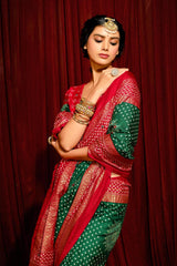 Green Velvet Tusser Silk  Aari work Saree