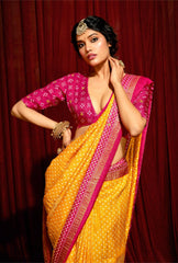 Yellow Velvet Tusser Silk  Aari work Saree