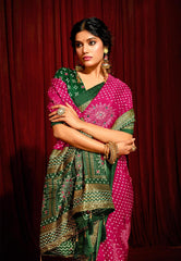 Pink Velvet Tusser Silk  Aari work Saree