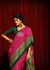 Pink Velvet Tusser Silk  Aari work Saree
