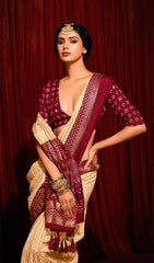 Beige Velvet Tusser Silk  Aari work Saree