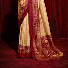 Beige Velvet Tusser Silk  Aari work Saree