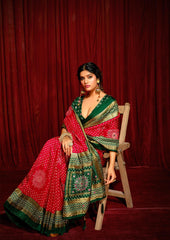 Red Velvet Tusser Silk  Aari work Saree