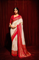 White Velvet Tusser Silk Aari work Saree-CR5008