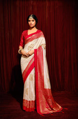 White Velvet Tusser Silk  Aari work Saree-CR5008