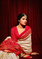 White Velvet Tusser Silk  Aari work Saree