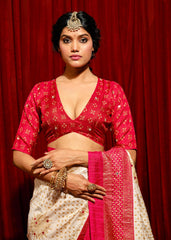 White Velvet Tusser Silk  Aari work Saree