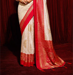 White Velvet Tusser Silk  Aari work Saree