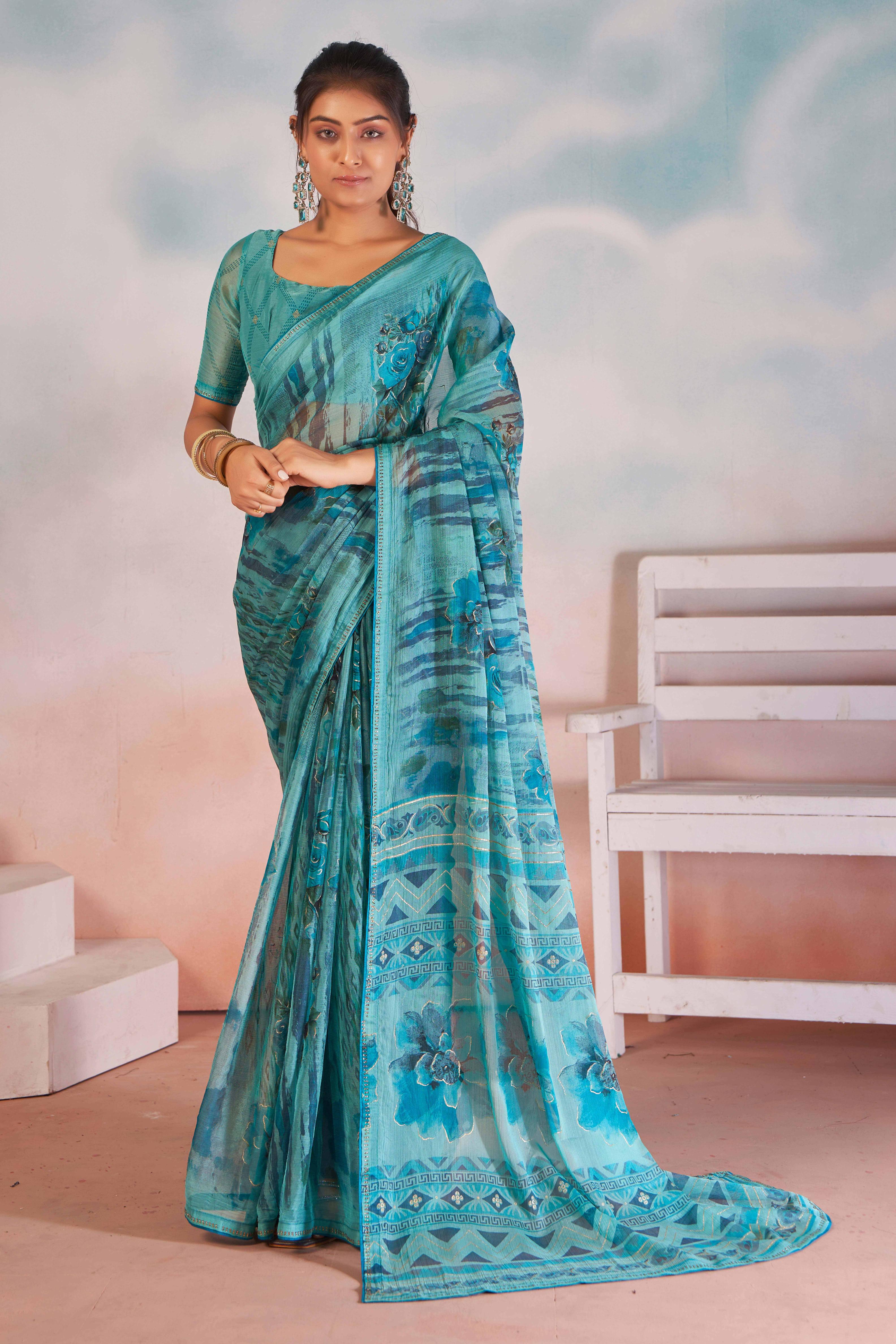 Sky Blue Chiffon Foil Print Saree-CRED1002