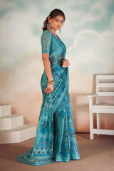 Sky Blue Chiffon Foil Print Saree