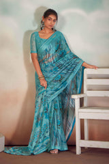 Sky Blue Chiffon Foil Print Saree