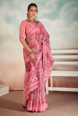 Pink Chiffon Foil Print Saree