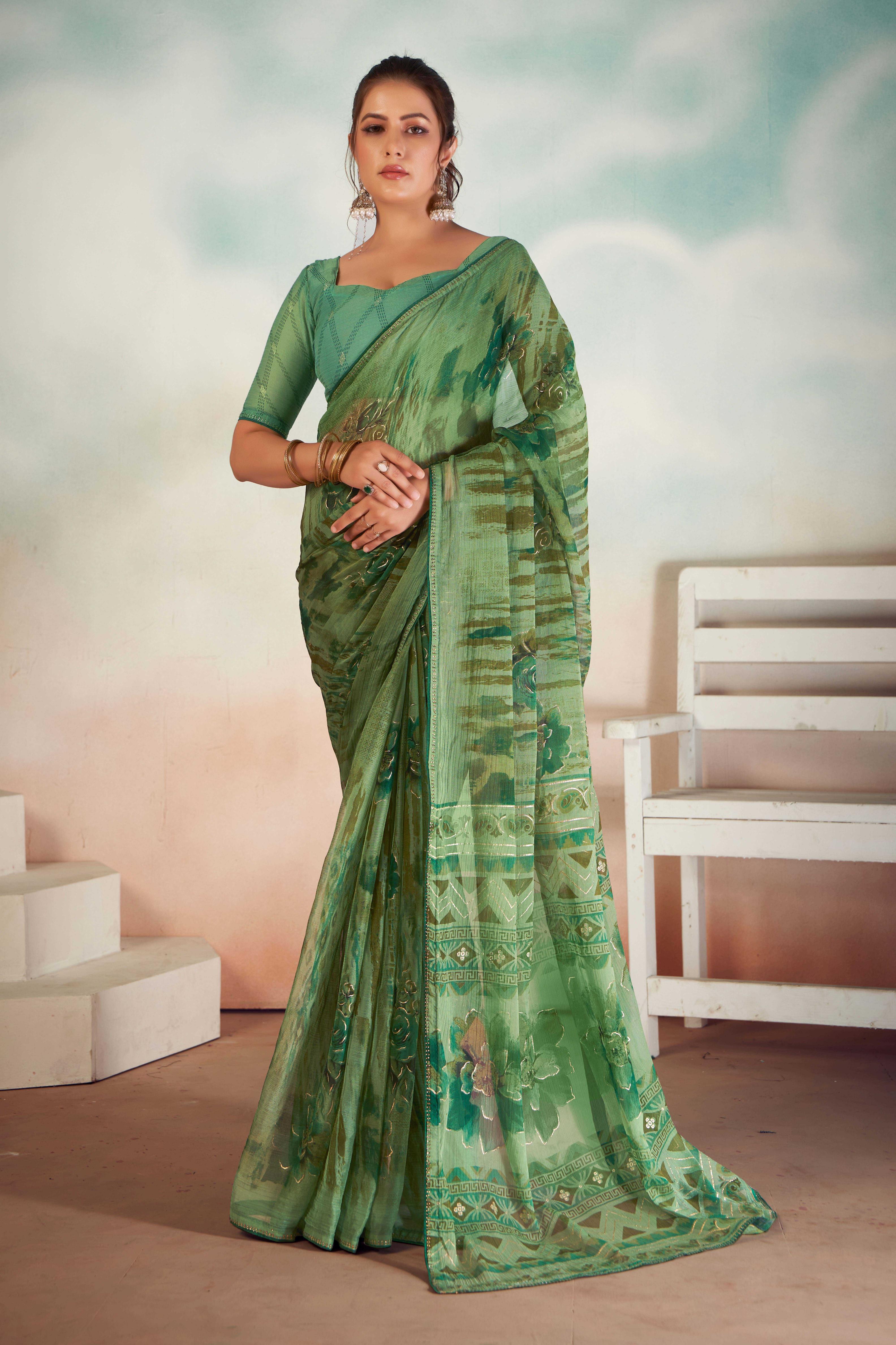 Green Chiffon Foil Print Saree-CRED1005