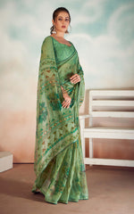 Green Chiffon Foil Print Saree