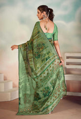 Green Chiffon Foil Print Saree
