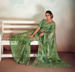 Green Chiffon Foil Print Saree