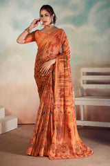 Rust Orange Chiffon Foil Print Saree-CRED1007