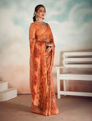 Rust Orange Chiffon Foil Print Saree