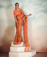 Rust Orange Chiffon Foil Print Saree