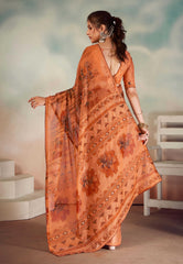 Rust Orange Chiffon Foil Print Saree