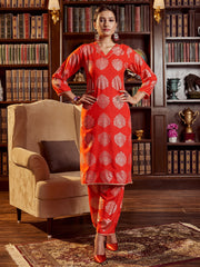 Red Foil Printed Rayon Kurti With Pant