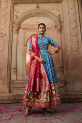 Sea Blue Cotton Silk Foil Print Anarkali Flared Gown with Dupatta