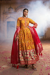 Yellow Cotton Silk Foil Print Anarkali Flared Gown with Dupatta