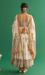 Pantalon Kurti Anarkali blanc cassé en rayonne prêt à porter avec dupatta