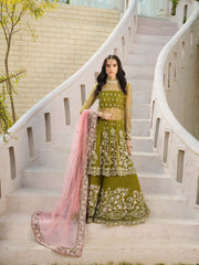 Chemise à panneaux brodée lourde en filet vert olive sharara avec Dupatta