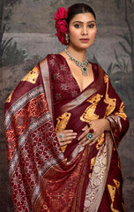 Maroon Velvet Tusser Silk  Abstract Saree