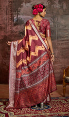 Maroon Velvet Tusser Silk  Abstract Saree