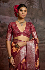 Maroon Velvet Tusser Silk  Abstract Saree