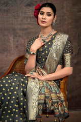 Grey Velvet Tusser Silk  Dot Print Saree