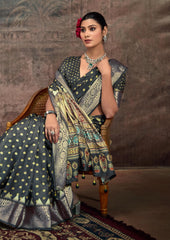 Grey Velvet Tusser Silk  Dot Print Saree