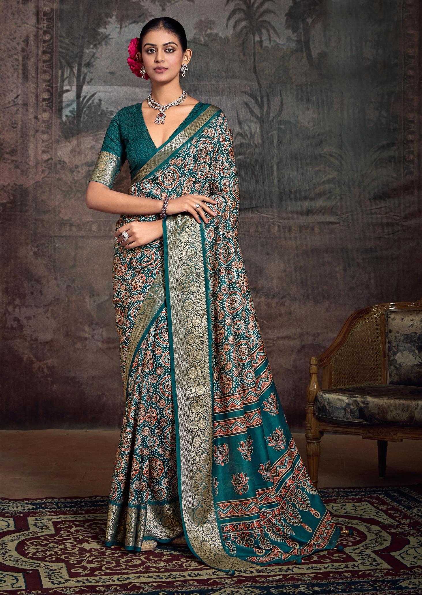 Sea Green Velvet Tusser Silk  Ajrakh Saree-INRA1003