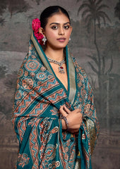 Sea Green Velvet Tusser Silk  Ajrakh Saree
