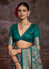 Sea Green Velvet Tusser Silk  Ajrakh Saree